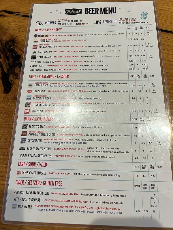 City Barrel beer menu